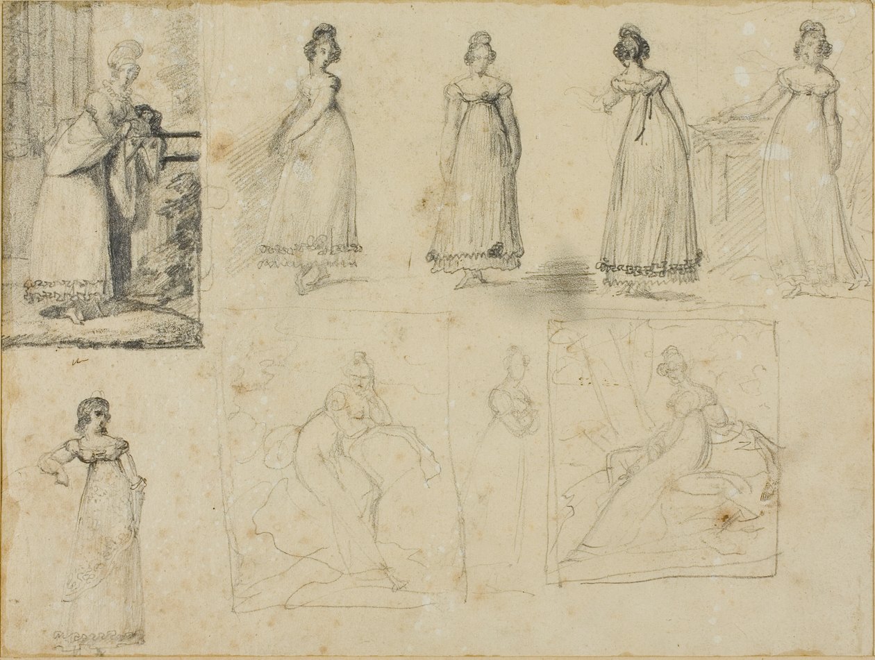 Nove schizzi di una giovane donna in abiti alla moda da Jean Louis André Théodore Géricault