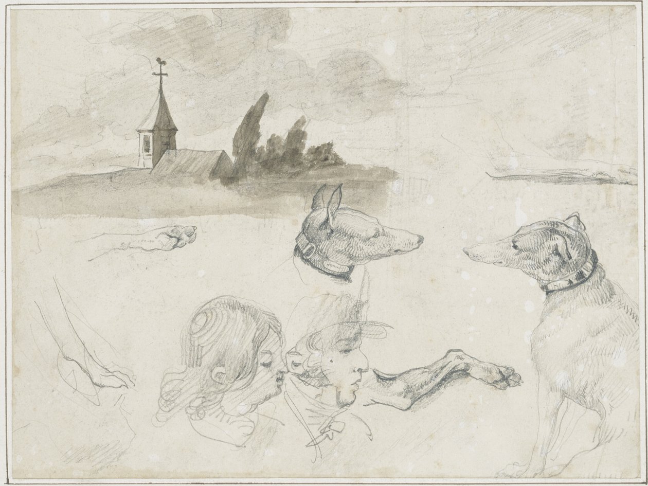 Foglio di schizzi: Levrieri; Una testa maschile e una femminile in da Jean Louis André Théodore Géricault