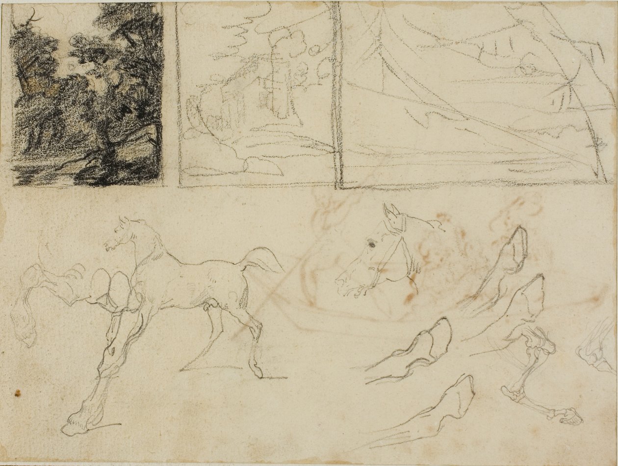 Foglio di schizzi: tre paesaggi, cavalli e zoccoli da Jean Louis André Théodore Géricault