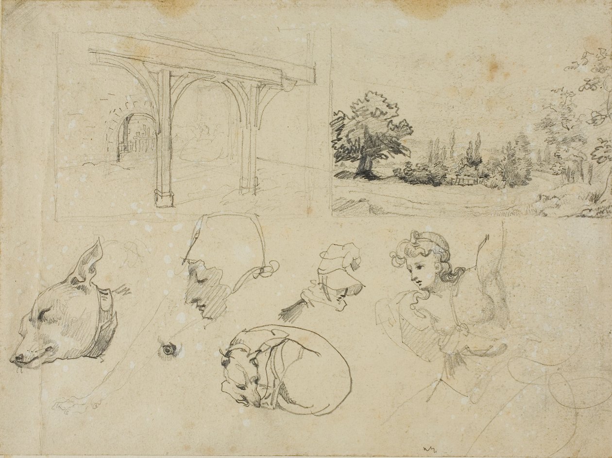 Schizzi di un capanno, un paesaggio, cani e figure varie da Jean Louis André Théodore Géricault