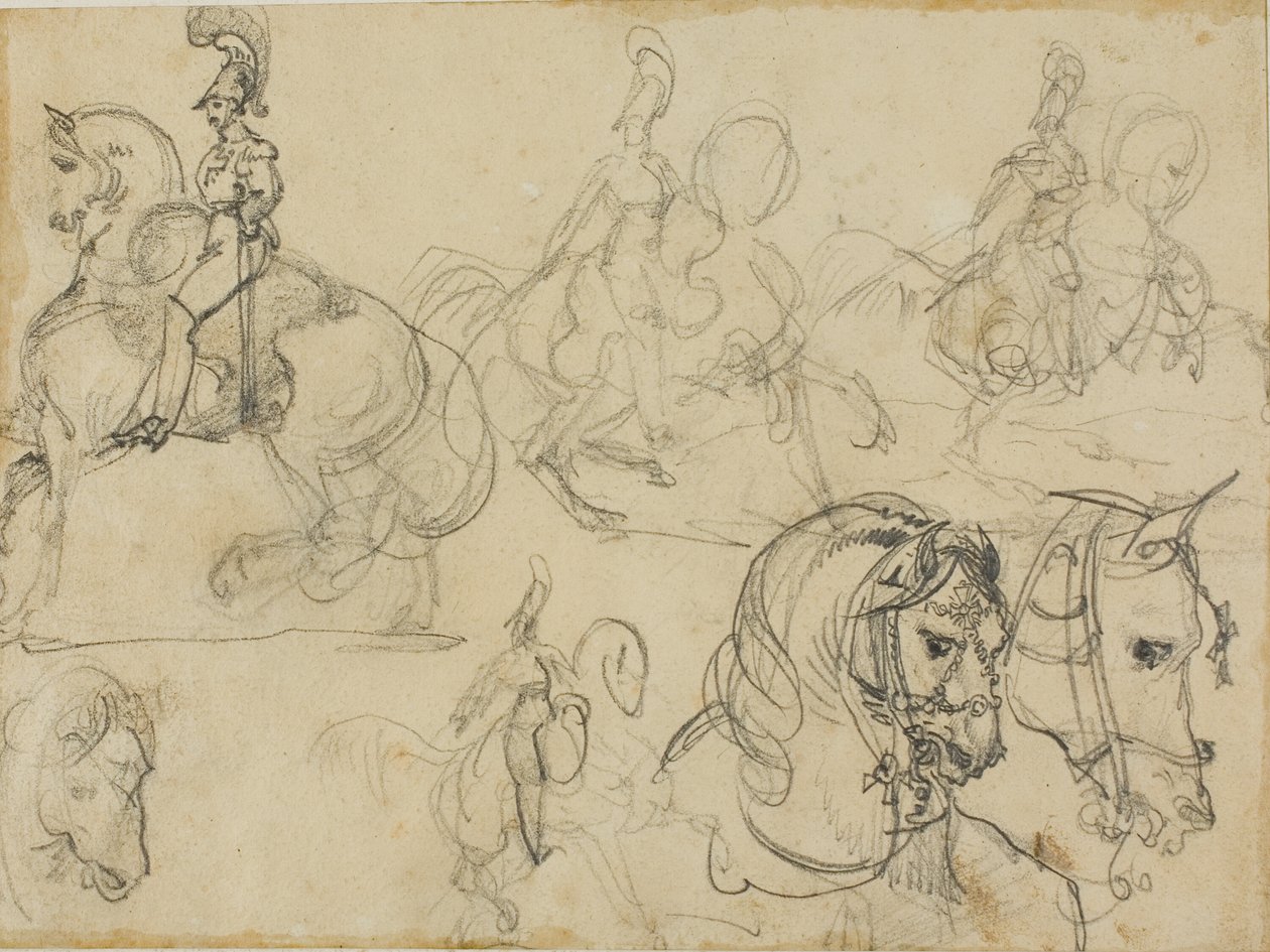 Schizzi di carabinieri a cavallo e teste di cavallo da Jean Louis André Théodore Géricault