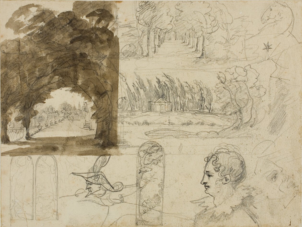 Schizzi di vedute del parco, teste, un cavallo da Jean Louis André Théodore Géricault