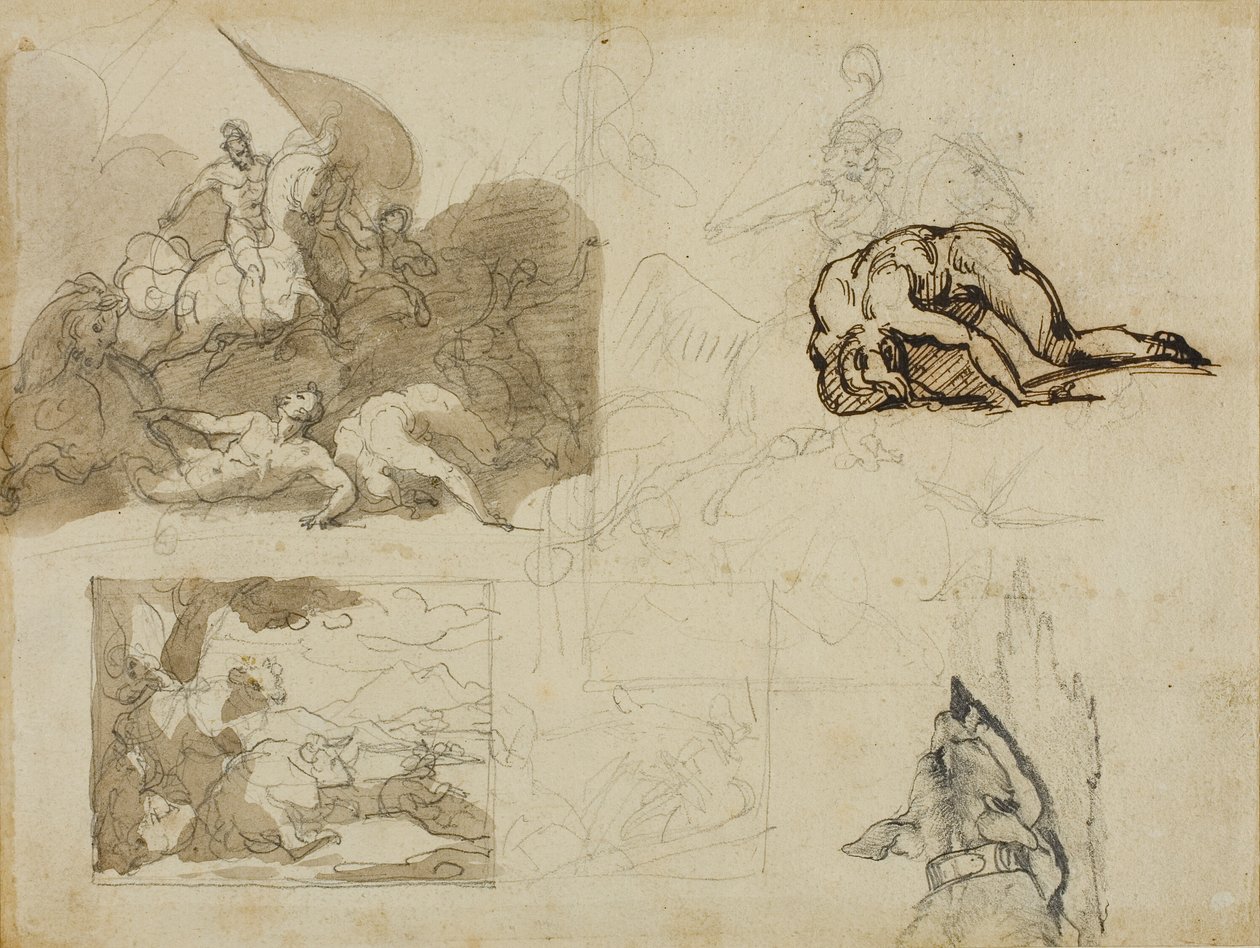 Schizzi di una battaglia di cavalleria, un paesaggio con mucche e altre composizioni da Jean Louis André Théodore Géricault