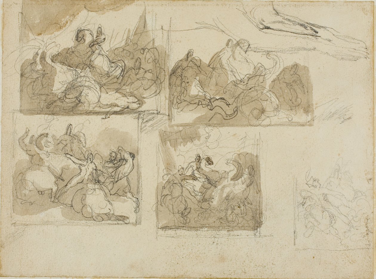 Schizzi di una battaglia di cavalleria e di zampe anteriori di un cane da Jean Louis André Théodore Géricault