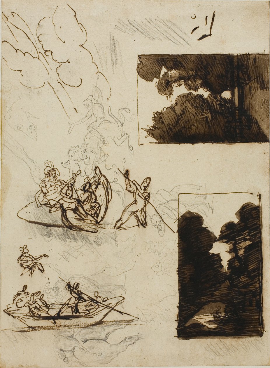 Schizzi di un sentiero nella foresta e di una festa musicale in barca da Jean Louis André Théodore Géricault