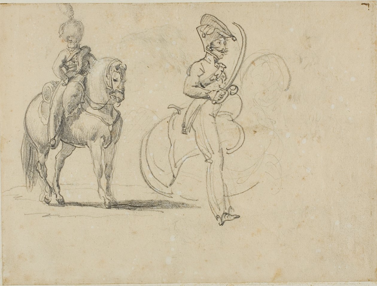 Schizzi di un chasseru a cavallo e di un ufficiale di cavalleria con la sciabola sguainata da Jean Louis André Théodore Géricault