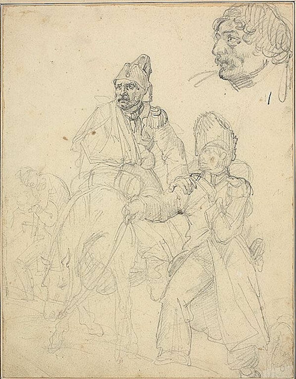 Studio di gruppo di figure, con dettaglio della testa del granatiere da Jean Louis André Théodore Géricault