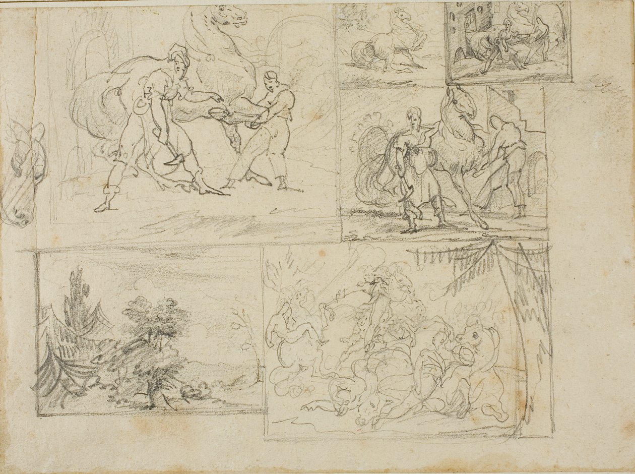 Tre studi con schizzi di un paesaggio boschivo e di una battaglia di cavalleria da Jean Louis André Théodore Géricault