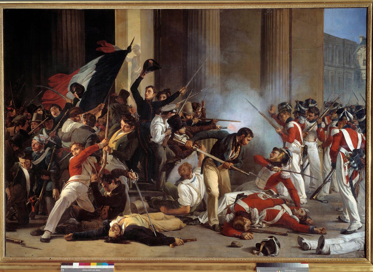 Rivoluzione del 1830: Durante le Tre Gloriose, presa del Louvre il 29/07/1830 e massacro delle guardie svizzere. Dipinto di Jean Louis Bezard (1799-dopo 1861) 1830. Parigi, Museo Carnavalet da Jean Louis Bezard