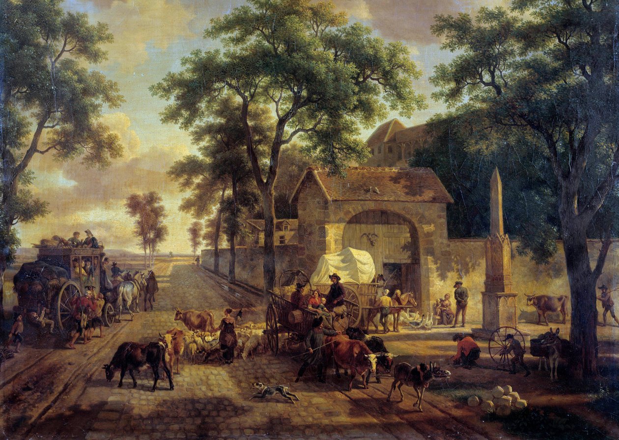 Paesaggio con strada e carro di contadini, greggi e pastori da Jean Louis Demarne