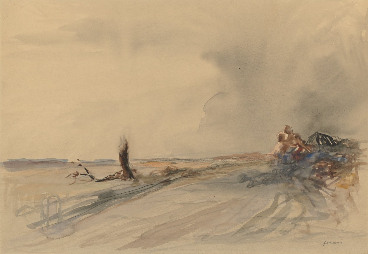 Terra devastata, figure in un paesaggio c. 1919 (lavaggio grigio, acquerello e guazzo) da Jean Louis Forain