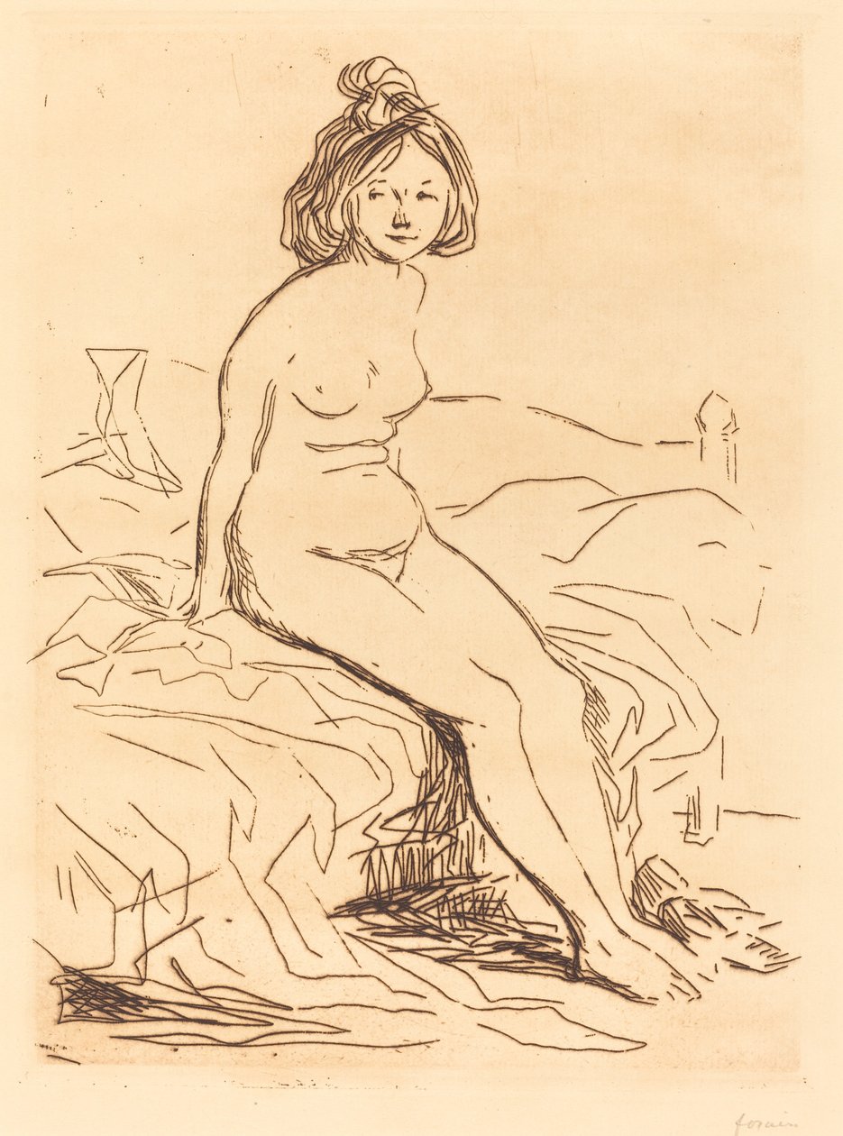 Donna nuda, seduta sul letto, vista frontale da Jean Louis Forain