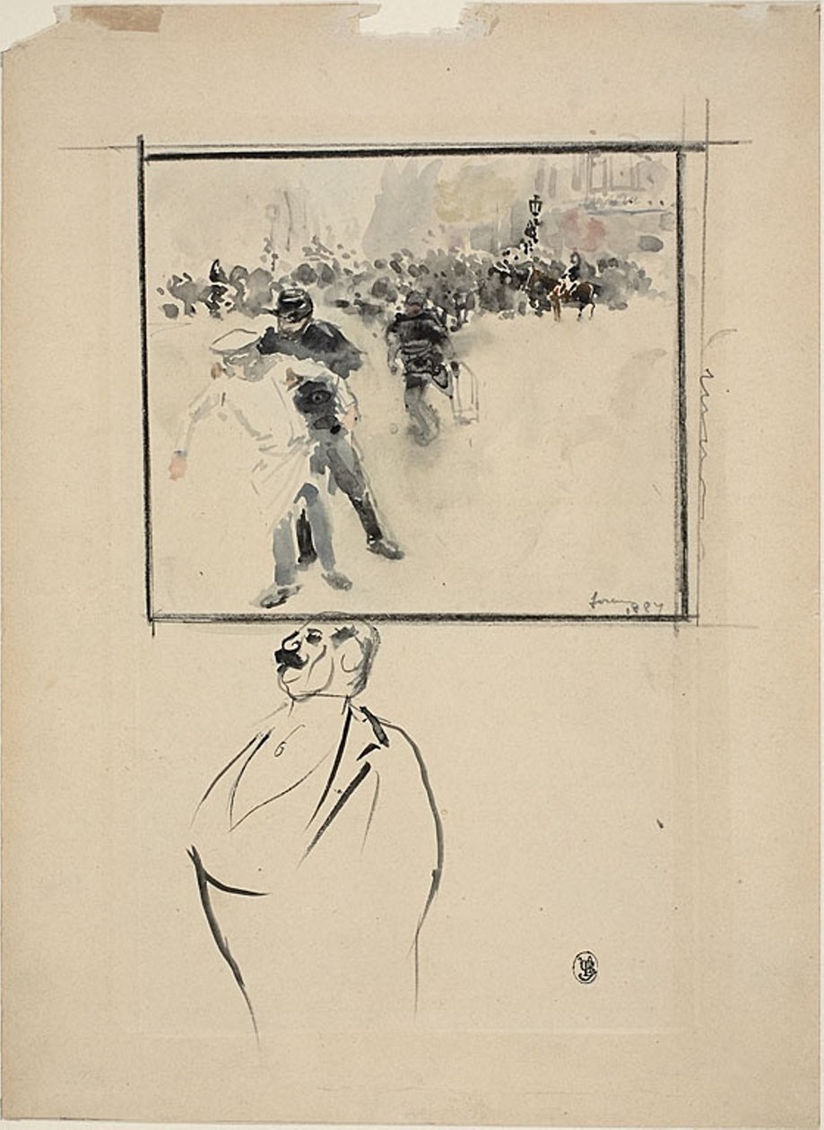 Schizzi di una scena di rivolta incorniciata e di un uomo (recto); Donna con cappello (verso) da Jean Louis Forain