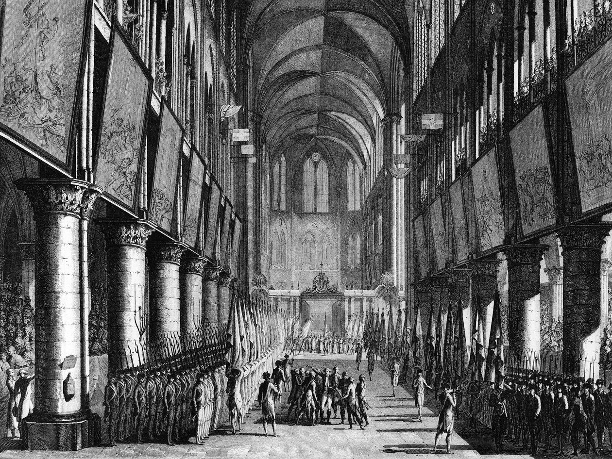 Rivoluzione francese: Benedizione delle bandiere della Guardia Nazionale da parte di Monsignor Juigné nella Chiesa di Notre Dame il 27 settembre da Jean Louis II (after) Prieur