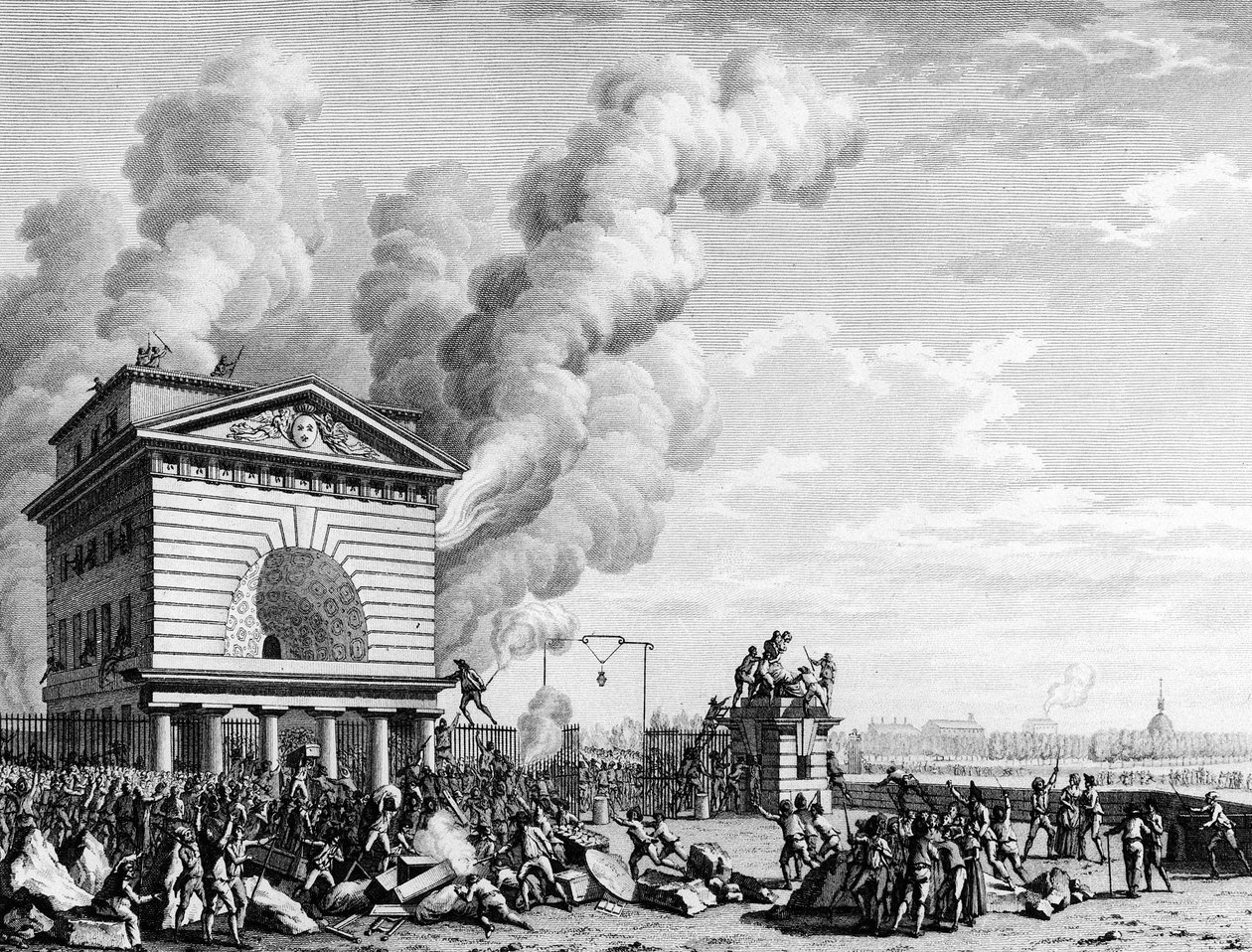 Rivoluzione francese: Incendio della barriera della conferenza a Parigi il 12 luglio 1789. Incisione di Berthaut dopo Prieur. Parigi, Biblioteca dell