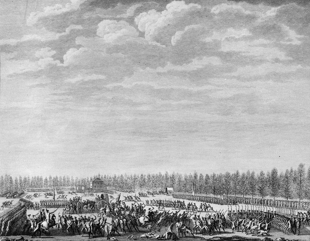 Rivoluzione francese: Gilbert du Motier, Marchese de la Fayette, disarma duecento soldati per indisciplina agli Champs Elysées a Parigi il 12 gennaio 1790 da Jean Louis II (after) Prieur