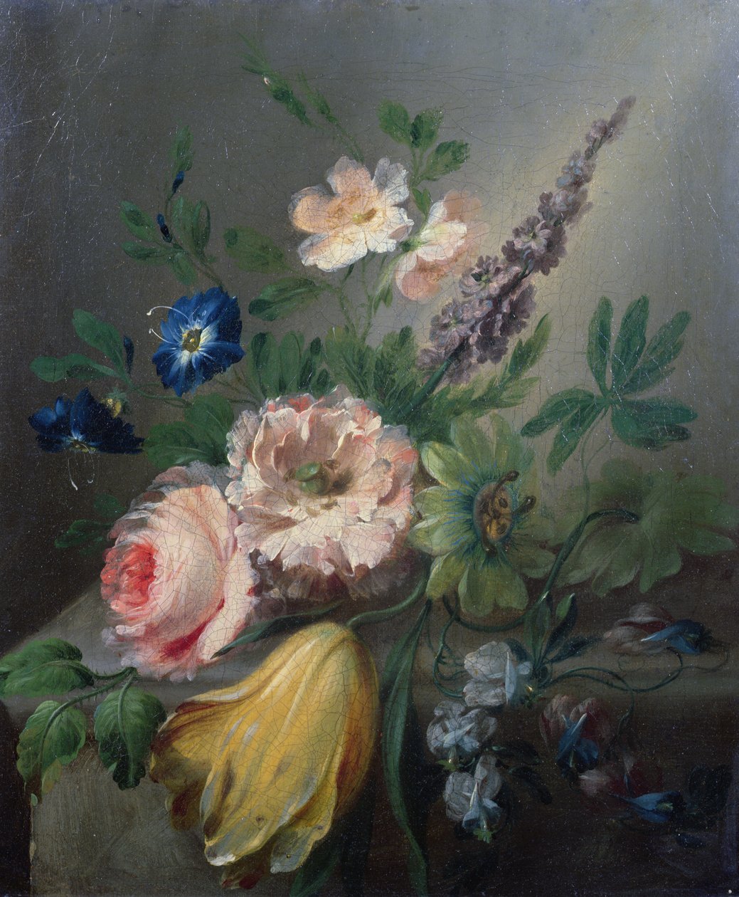 Natura morta di rose, fiori della passione, un tulipano e altri fiori su un cornicione di pietra da Jean Louis Prevost