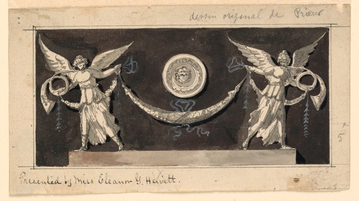 Pannello decorativo: Fama che sostiene una ghirlanda sotto un medaglione da Jean Louis Prieur the Younger