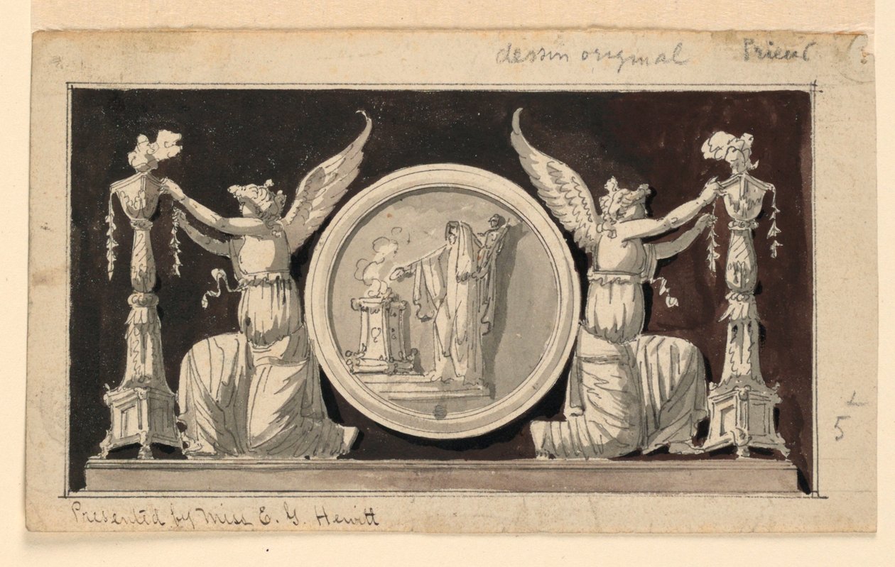 Pannello decorativo: Medaglione con scena di sacrificio tra due vittorie che adornano candelabri da Jean Louis Prieur the Younger