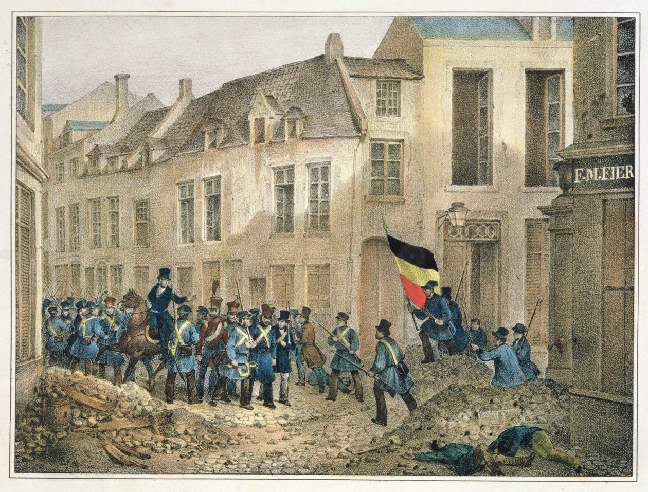 La Rue de Louvain, Bruxelles, 23 settembre 1830, inciso da A.M. Jobard da Jean Louis Van Hemelryck