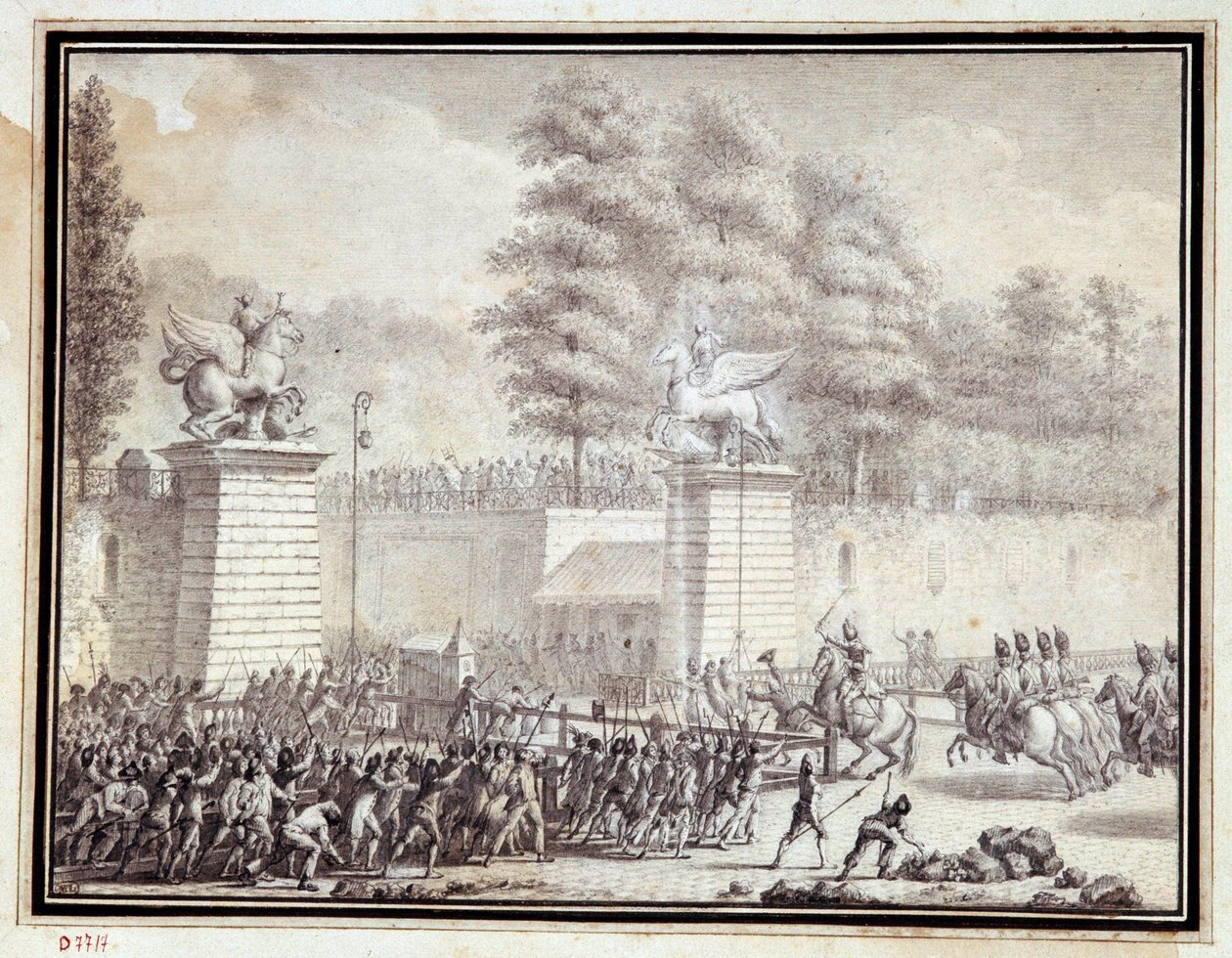 Rivoluzione francese: Monsieur de Lambesc entra nelle Tuileries con un distaccamento del Reggimento Reale Tedesco il 12 luglio 1789 da Jean Louis the Younger Prieur