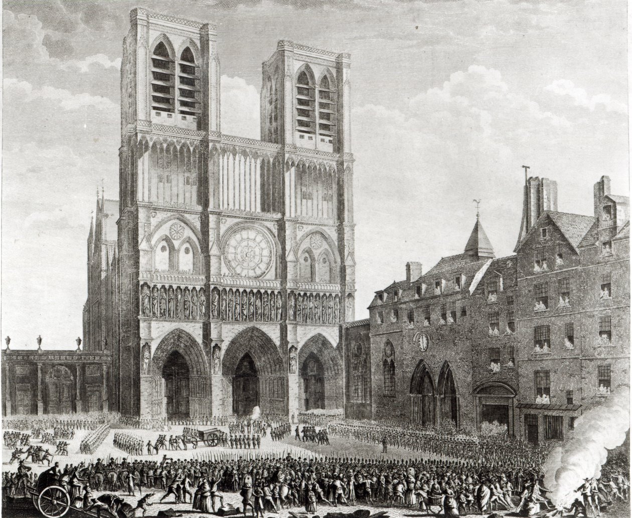 Thomas de Mahy (1744-90) Marchese di Favras che fa ammenda onorevole davanti a Notre-Dame, inciso da Pierre Gabriel Berthault (1737-1831) 1790 da Jean Louis the Younger Prieur