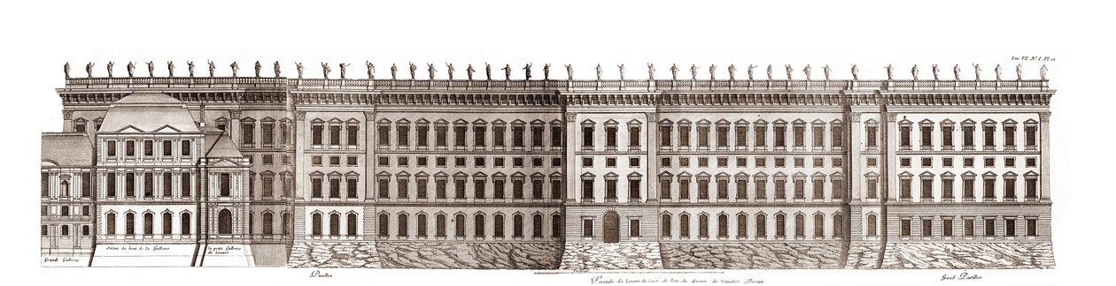 Il Louvre a Parigi, progetto di Gian Lorenzo Bernini: elevazione della facciata principale verso la Senna - Da "Architecture française" di Jacques-François Blondel - incisione di Jean Marot da Jean Marot
