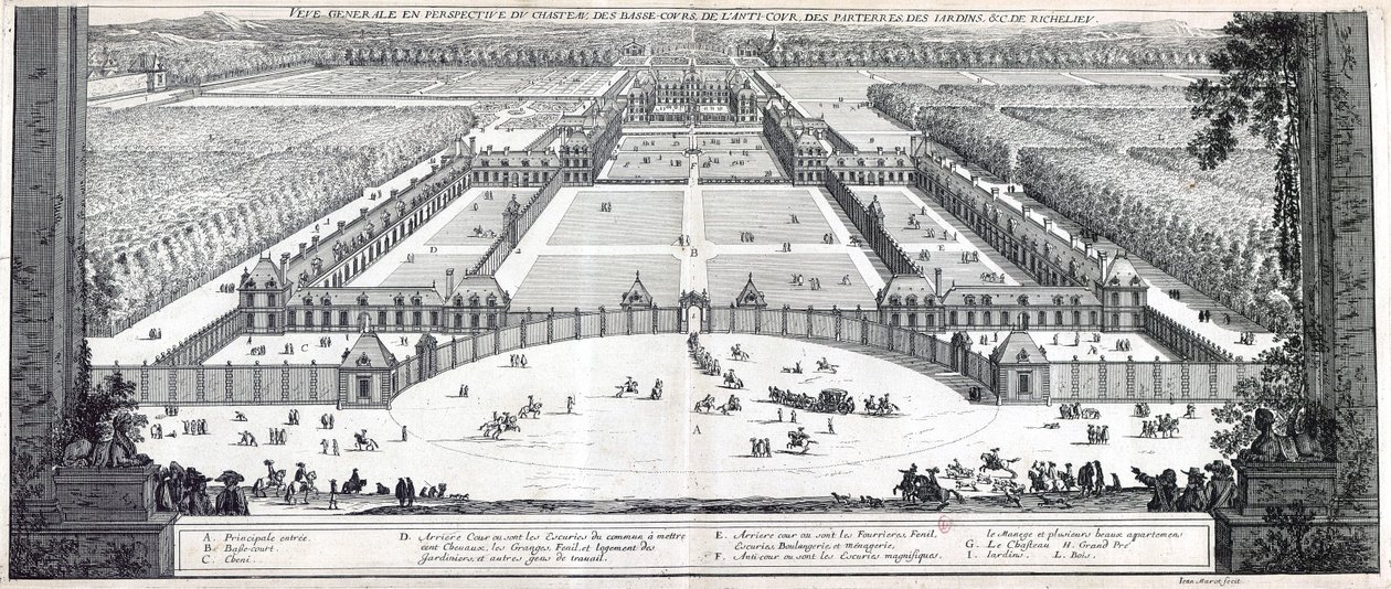 Veduta prospettica generale del castello, del bailamme, del piazzale, delle aiuole, dei giardini, ecc. di Richelieu da Jean Marot