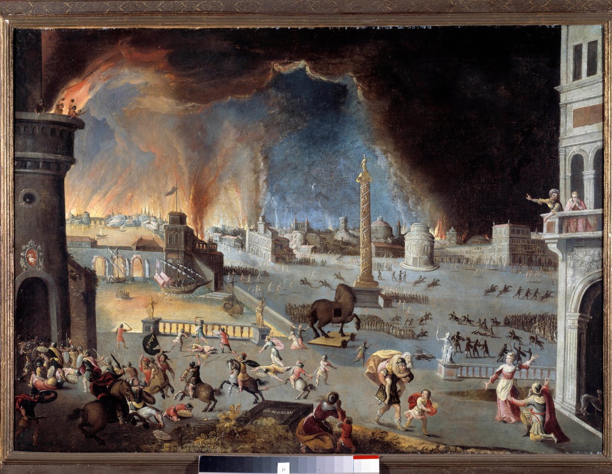 La cattura di Troia. Scena della guerra di Troia, la città è devastata dai Greci penetrati grazie al cavallo da Jean Maublanc