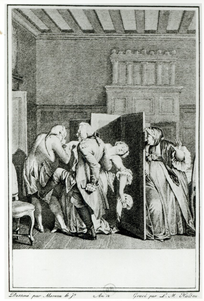 Il barone... salutò Candide con alcuni notevoli calci sul sedere e lo cacciò fuori, illustrazione dal capitolo 1 di Candide di Francois Voltaire (1694-1778) inciso da Louis Michel Halbou da Jean Michel the Younger Moreau