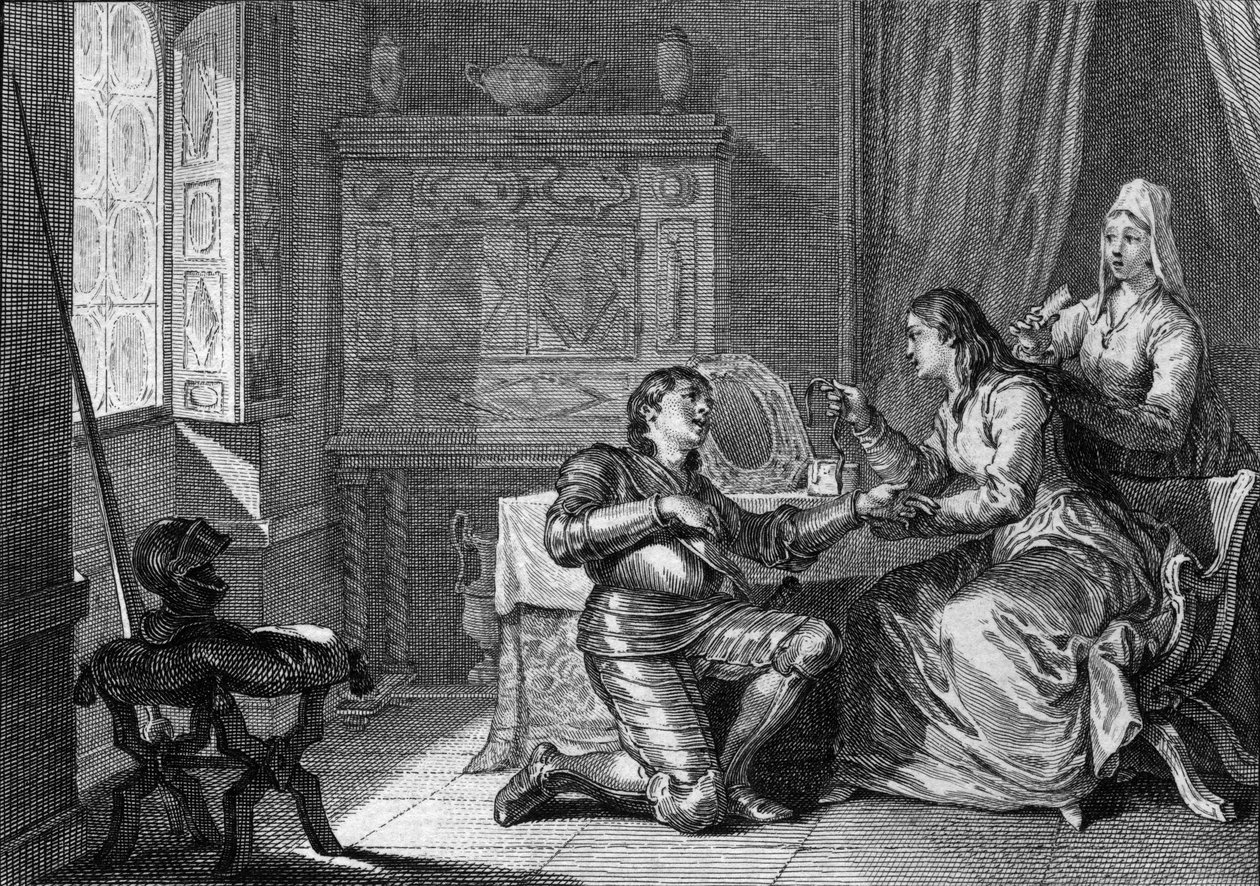 Una donna offre un braccialetto di stoffa dei suoi capelli a un cavaliere come pegno d