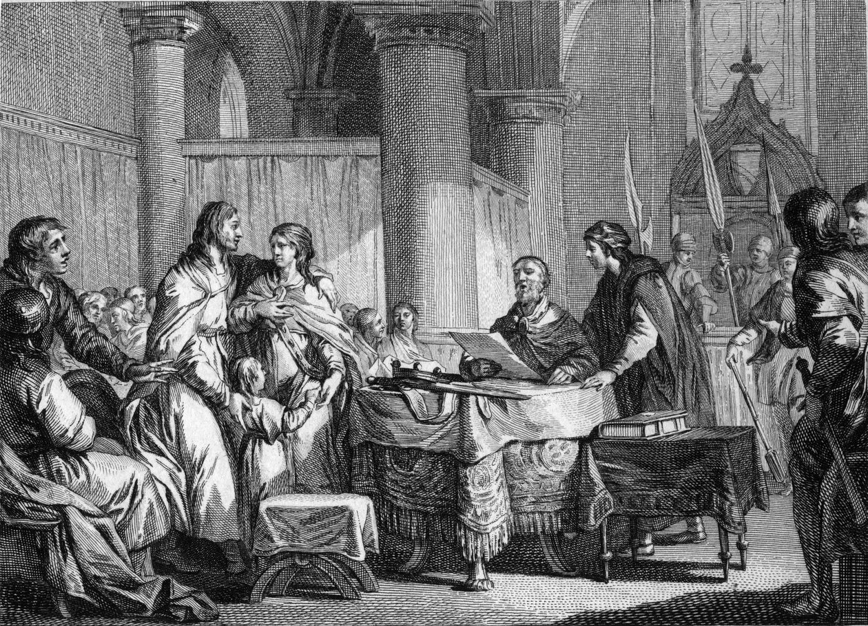 Abdicazione di Carlomanno (ca. 715-754), sindaco del palazzo di Austrasia, a favore del suo fratello, Pipino III detto Pipino il Breve (714-768), 747. Incisione di Jean Michel Moreau, detto Moreau le Jeune da Jean Michel the Younger Moreau