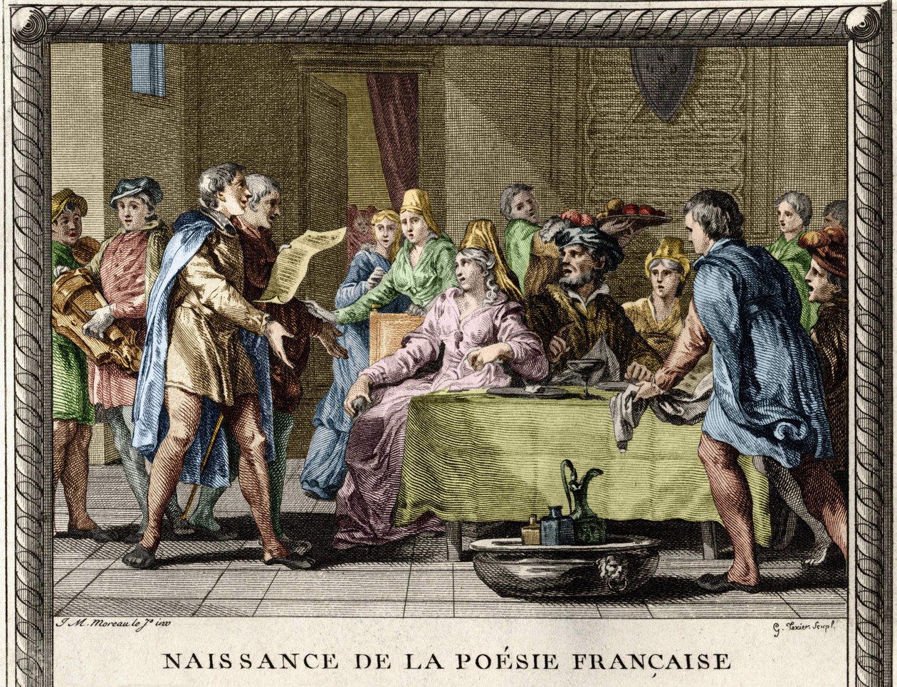 Nascita della poesia francese: Trovatori, seguiti da giocolieri e ménestrelli, recitano le prime poesie in francese durante le festività tra i nobili nel XII secolo. Incisione di Moreau le Jeune da Jean Michel the Younger Moreau