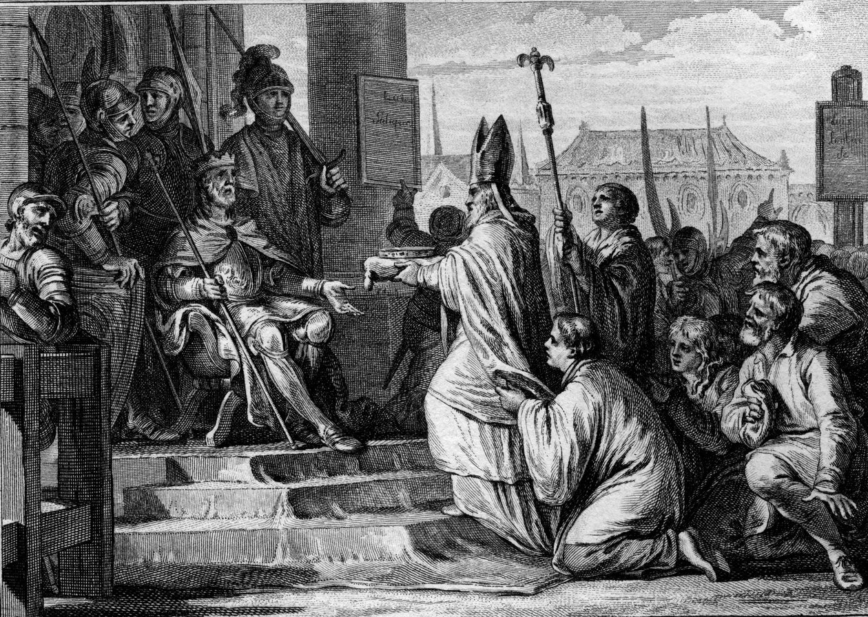 Carlo Magno (747-814), re dei Franchi, riceve la corona ferrea di Lombardia dalle mani del vescovo di Milano (774) - Incisione di Jean Michel Moreau, detto Moreau le Jeune da Jean Michel the Younger Moreau