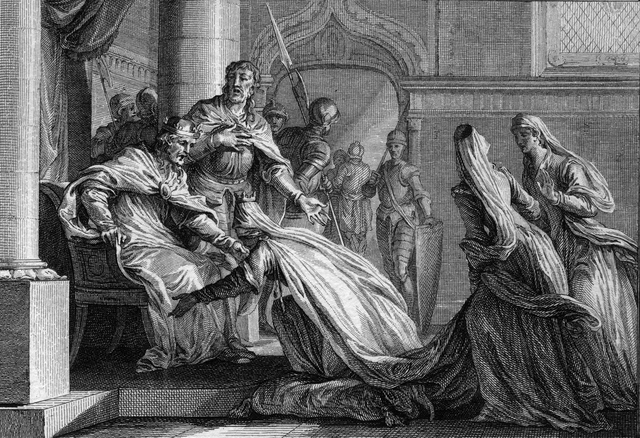 Emma di Francia (894-934), sorella di Ugo il Grande (897-956), si prostra ai suoi piedi. Sposata con Raoul di Borgogna (o Rodolfo, 890-936), decise, su richiesta del fratello, di dare la corona di Francia a suo marito, dichiarando 