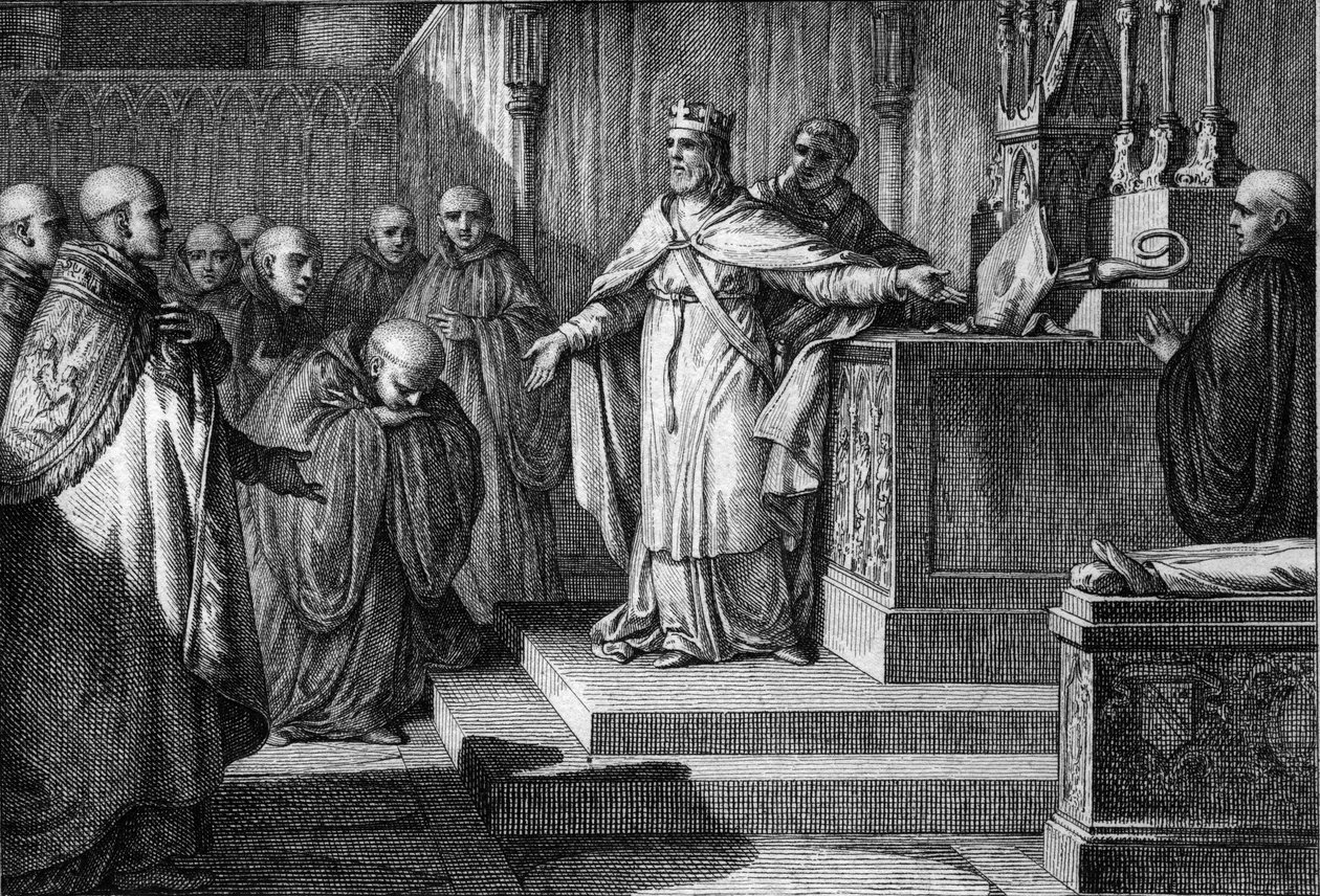 Ugo Capeto (941-996) ristabilì le elezioni canoniche: il re dei Franchi permise ai monaci di eleggere i loro abati ponendo su un altare un pastorale e una mitra. Incisione di Jean Michel Moreau, detto Moreau le Jeune (1741-1814) da Jean Michel the Younger Moreau