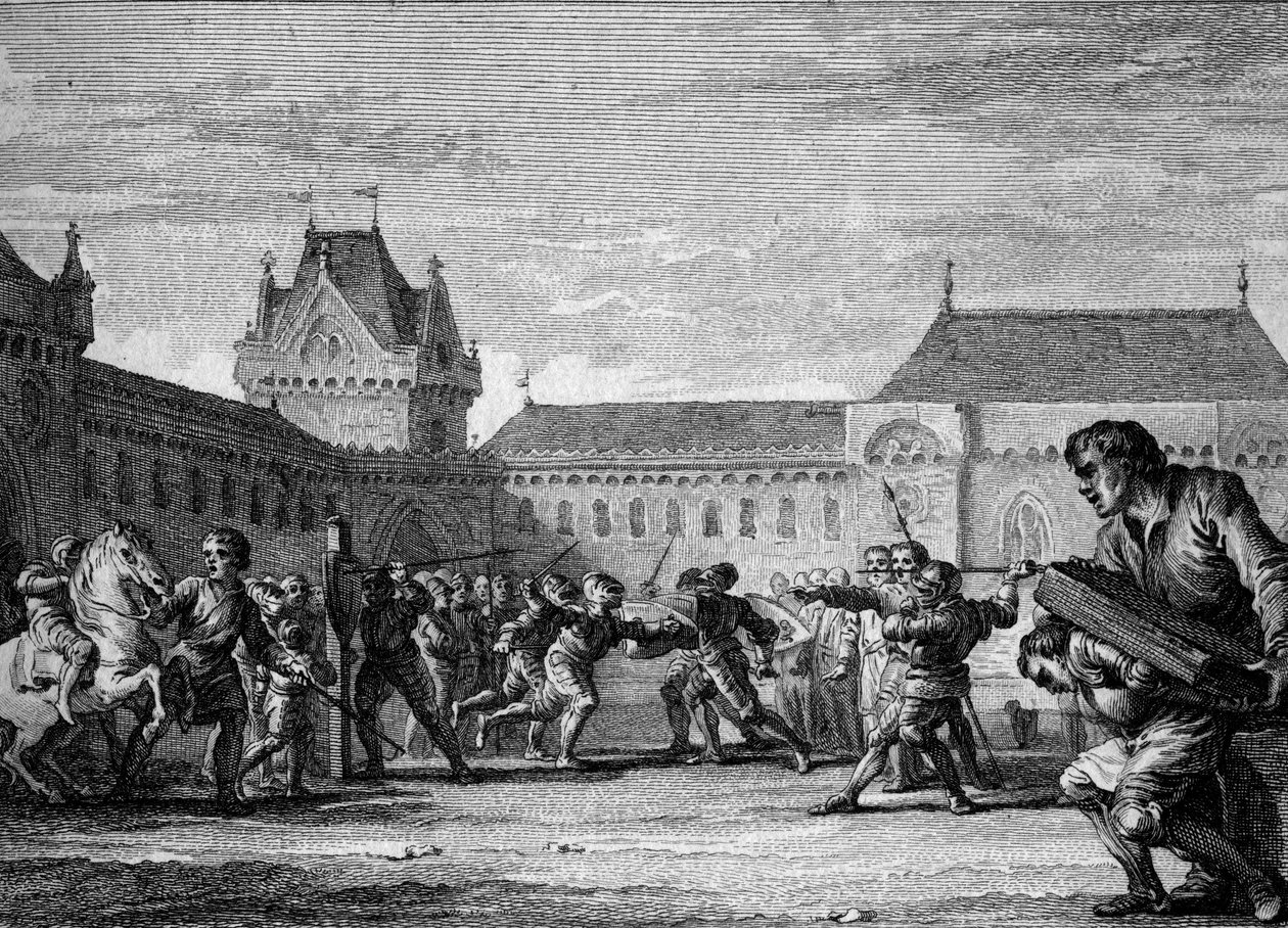 Istituzione dei paggi: formazione nelle mansioni fisiche e domestiche del mestiere di paggio. Periodo carolingio, regno di Carlo Magno, VIII-IX secolo. Incisione di Jean Michel Moreau, detto Moreau il Giovane da Jean Michel the Younger Moreau
