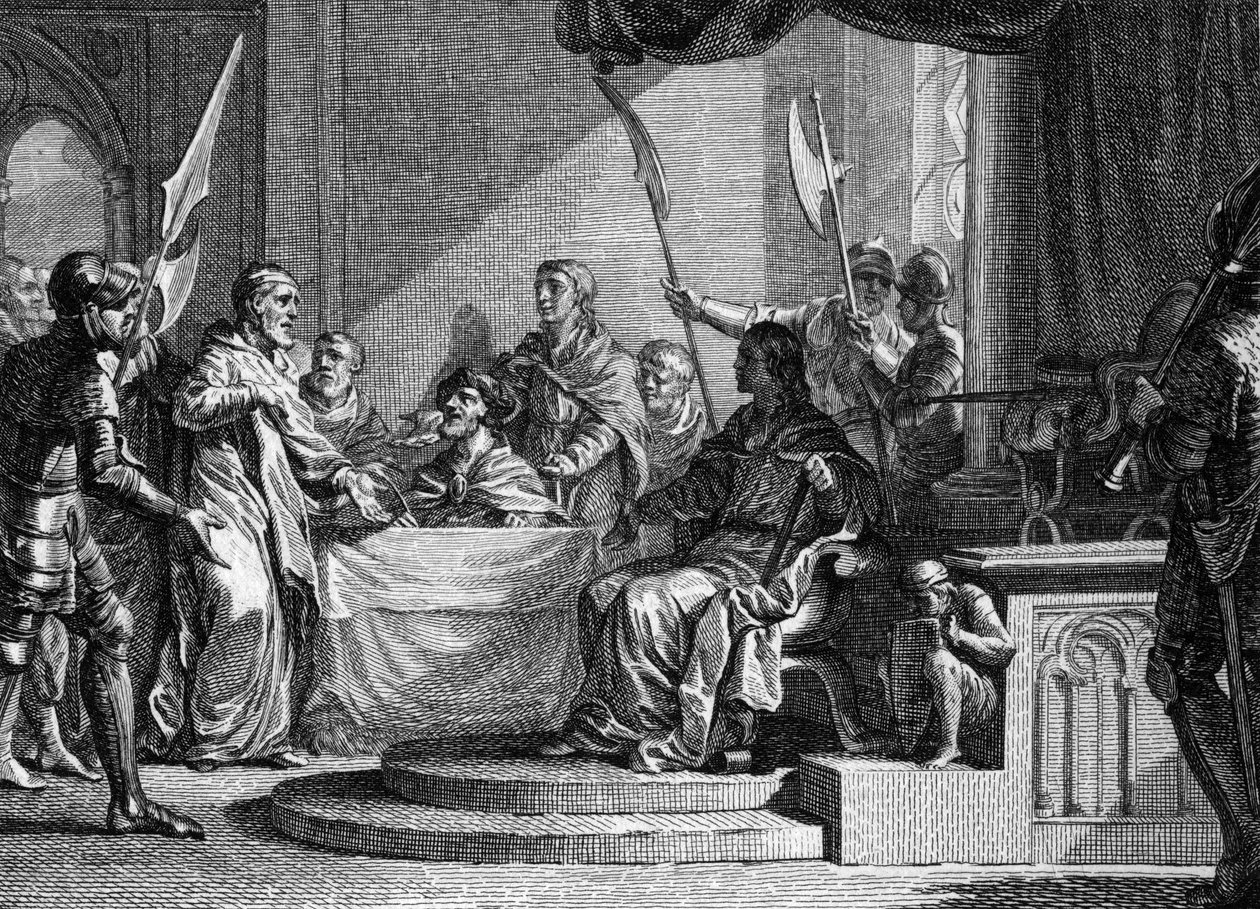 Interregno di Carlo Martello, 737: Carlo Martello, sindaco del Palazzo, interregno dopo la morte di Teodorico IV (713-737). Incisione di Jean Michel Moreau, detto Moreau il Giovane (1741-1814) da Jean Michel the Younger Moreau