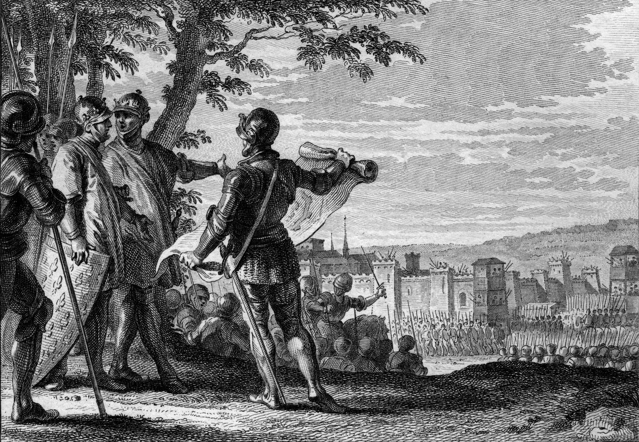 Re Luigi III (863-882) e Carlomanno II (867-884) assediano la città di Vienna, 883. Incisione di Jean Michel Moreau, detto Moreau le Jeune (1741-1814) da Jean Michel the Younger Moreau