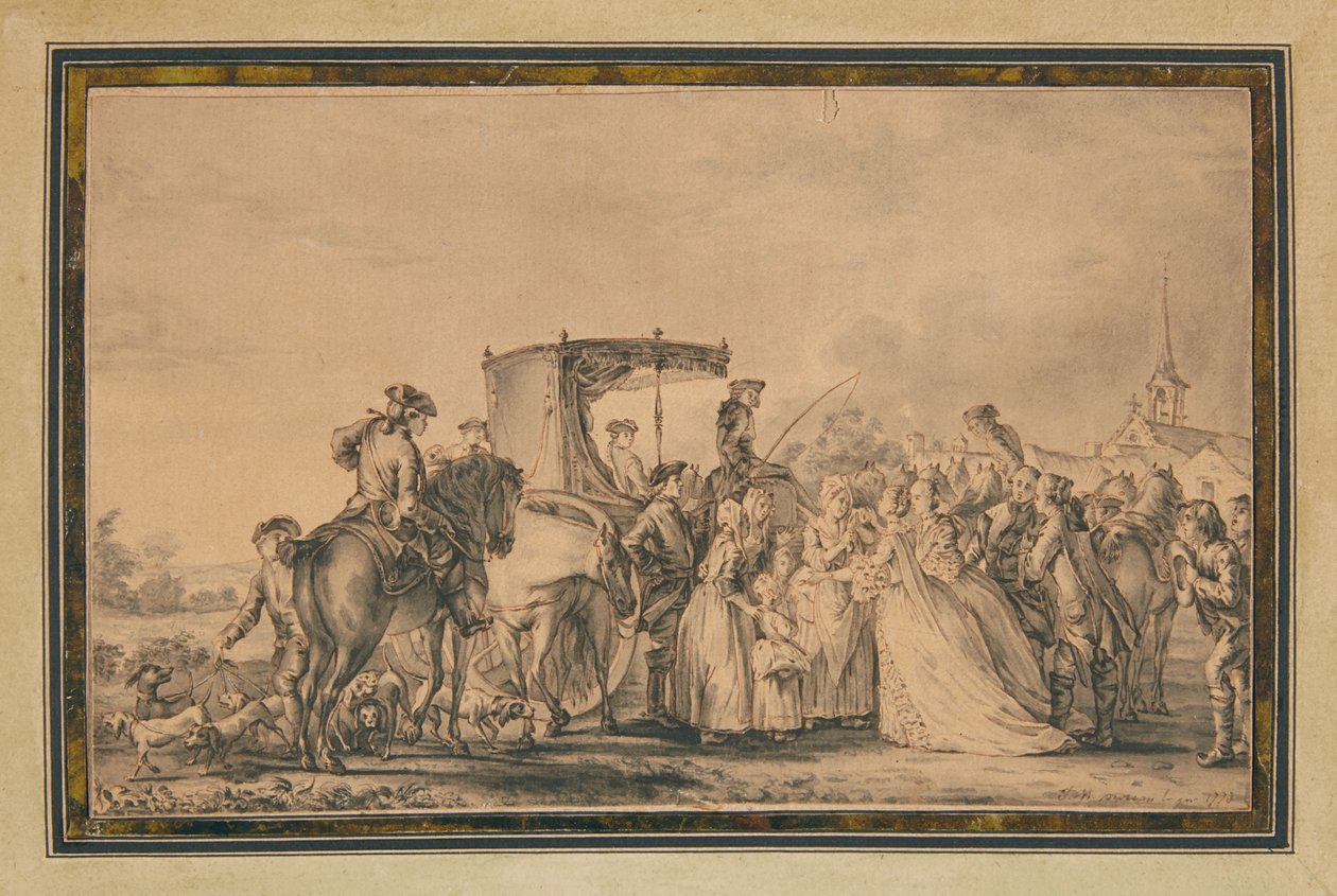 Maria Antonietta, scendendo dalla sua carrozza e circondata dal suo corteo, conforta un contadino, 1773 da Jean Michel the Younger Moreau
