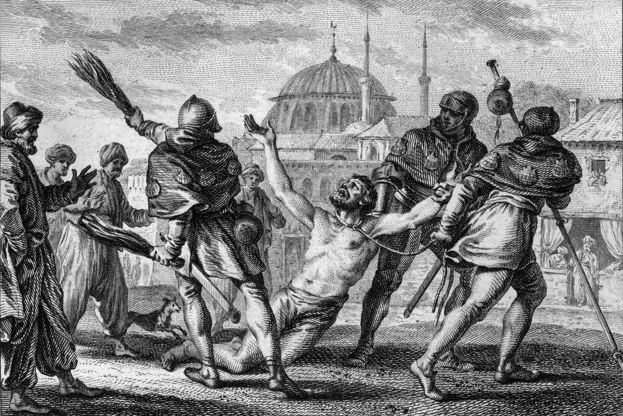 Nerra coots (972/987-1040), Conte di Anjou, pellegrinaggio a Gerusalemme. Viene trascinato nudo, con una corda legata al collo, per le strade della città, mentre uno dei suoi scudieri lo frusta con verghe e chiede grazia a Dio. XI secolo. Incisione di Jean da Jean Michel the Younger Moreau