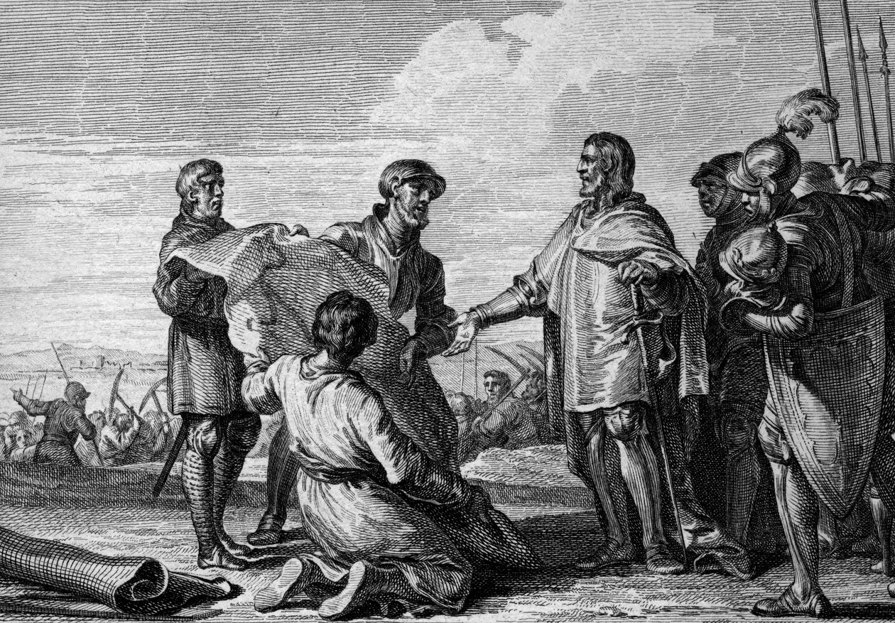 Progetto di un canale tra il Reno e il Danubio, 793: Carlo Magno (747-814) visita il sito del canale per collegare il Mare del Nord al Mar Nero. Incisione di Jean Michel Moreau, detto Moreau le Jeune (1741-1814) da Jean Michel the Younger Moreau