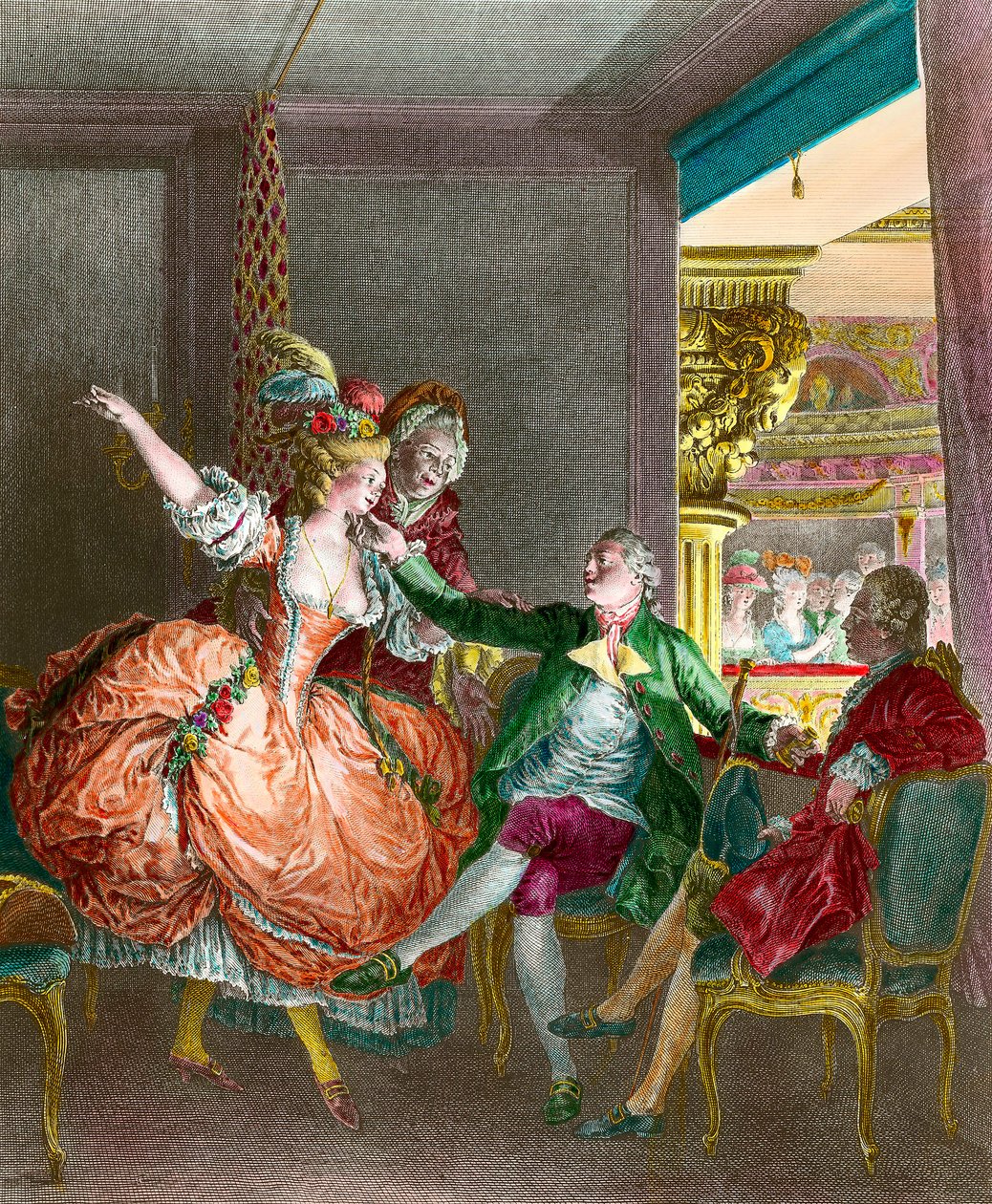 Prostituzione: "La presentazione a teatro". Una giovane donna viene presentata tramite una mezzana a un gentiluomo. Incisione di Moreau le Jeune (1741-1814). XIX secolo. Collezione privata da Jean Michel the Younger Moreau