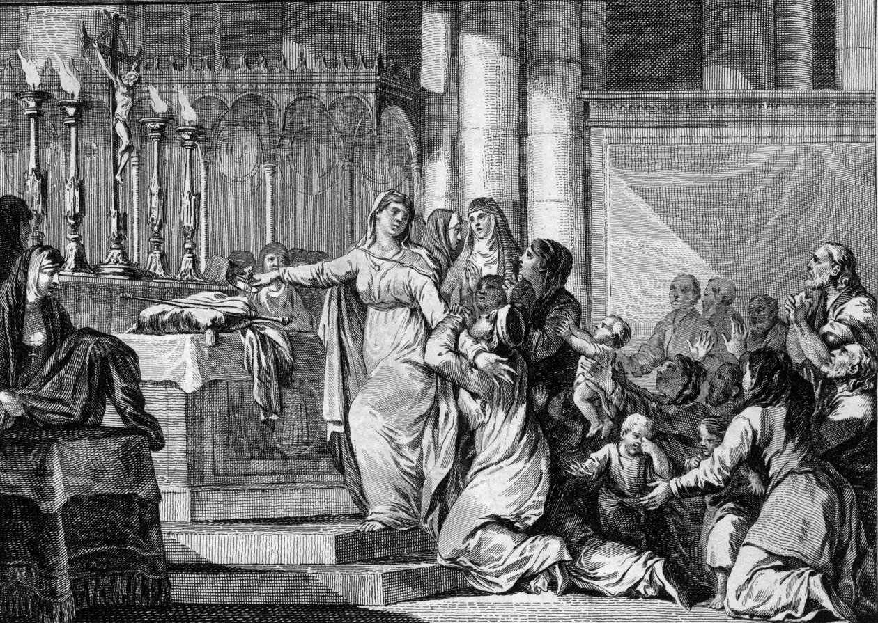 Santa Batilde (o Batilde, Bathylle, Beaudour) (626-680), regina dei Franchi e vedova di Clodoveo II, decise di prendere il velo nel monastero di Chelles nel 665. I suoi sudditi cercano di fermarla. Incisione di Jean Michel Moreau, detto Moreau le Jeune (17 da Jean Michel the Younger Moreau