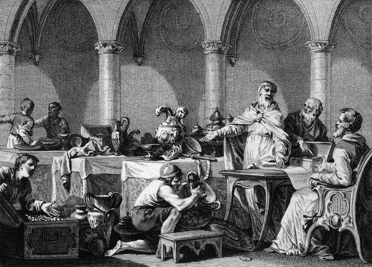 Divisione dei tesori di Dagoberto I (602/605-638), re dei Franchi, dopo la sua morte, sotto il controllo dei due sindaci del Palazzo Pipino di Landen e Aega. Incisione di Jean Michel Moreau, detto Moreau le Jeune da Jean Michel the Younger Moreau