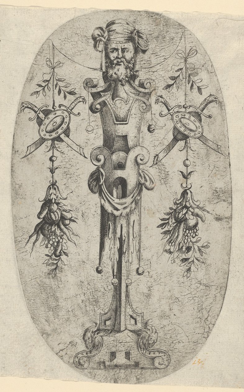Figura terminale maschile, testa con barba e turbante su un piedistallo a tre quarti, ca. 1543-45 da Jean Mignon