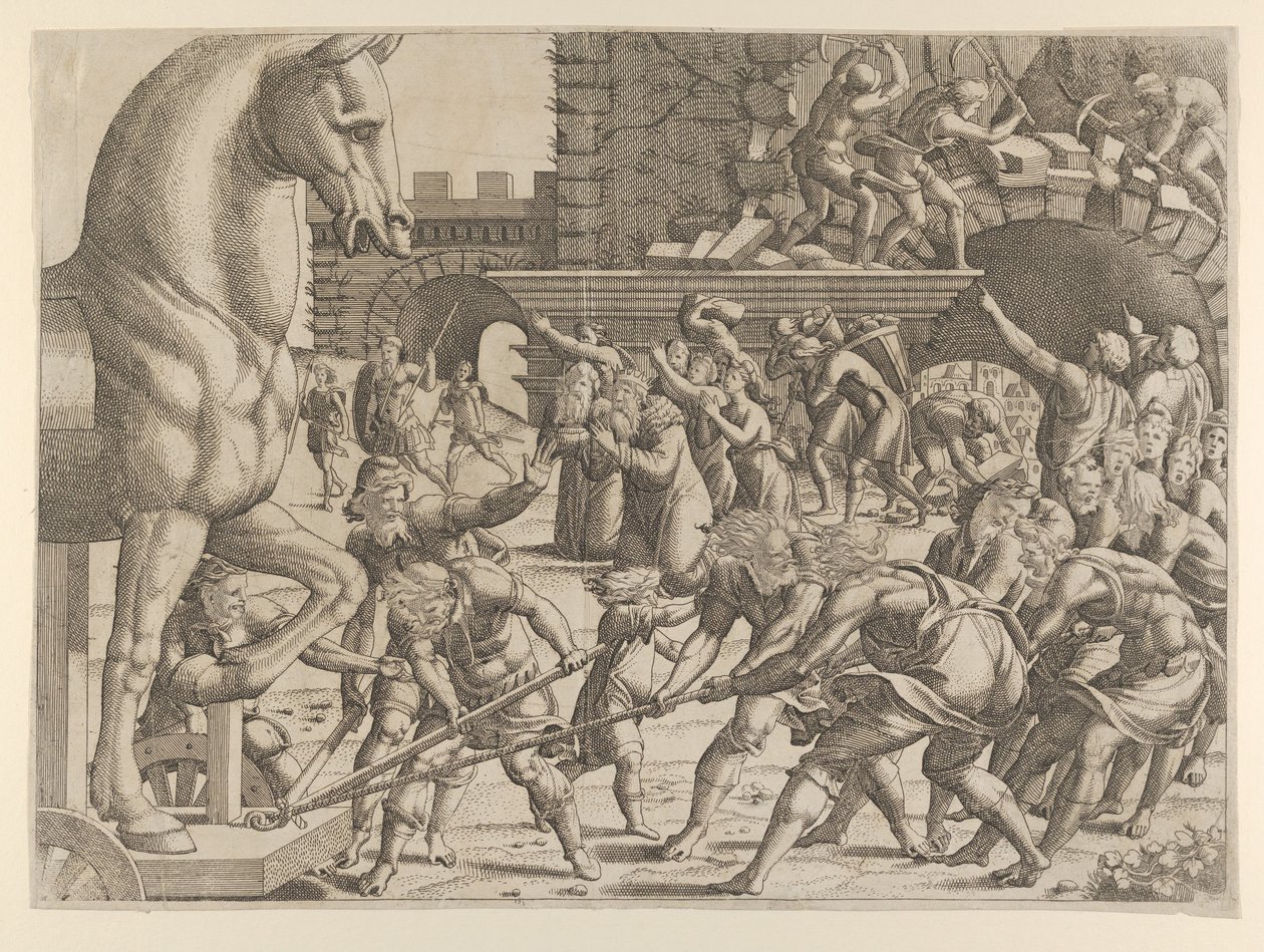 I Troiani portano il cavallo di legno nella loro città, 1535-55 da Jean Mignon