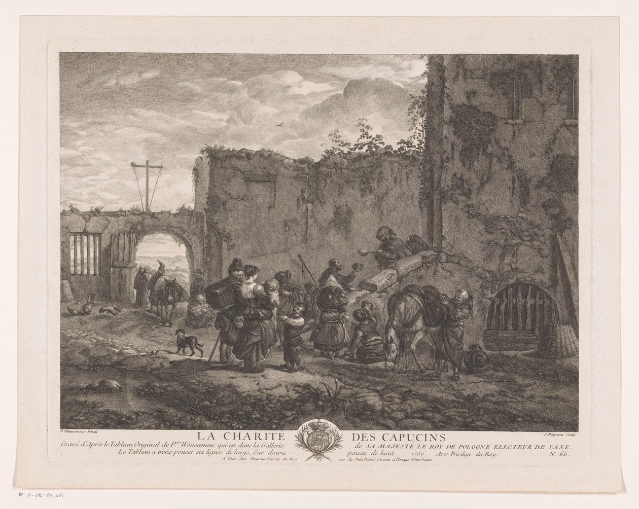 Monaci distribuiscono cibo ai pellegrini in un cortile (La Carità dei Cappuccini, Stampe da dipinti di Philips Wouwerman) da Jean Moyreau