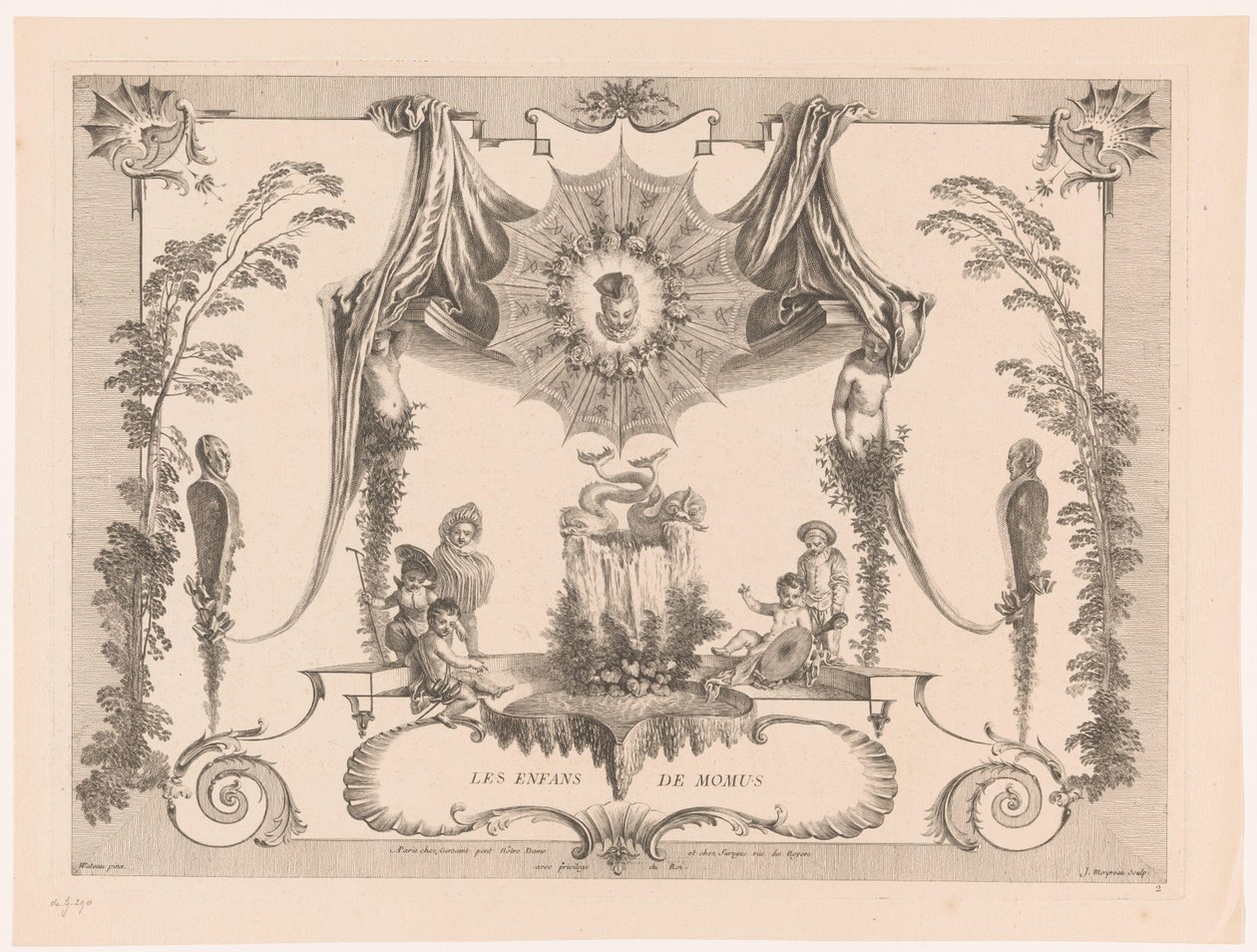 Progetto per boiserie con bambini vicino a una fontana (serie: Les Enfans de Momus, Oeuvre di Antoine Watteau) da Jean Moyreau