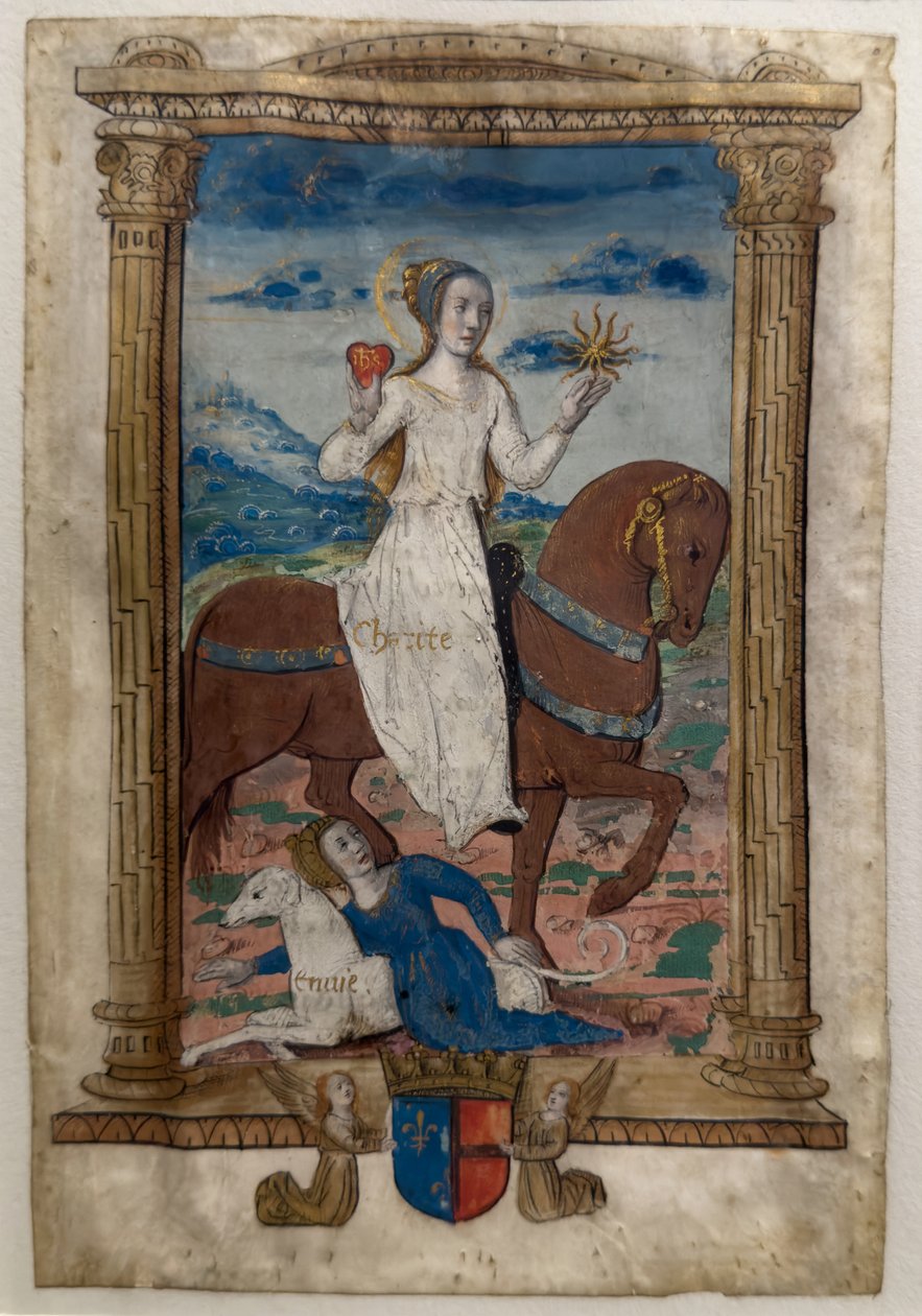 Carità e invidia. Les rondeaux des vertus, dopo il 1515 (pergamena dipinta e miniata) da Jean Pichore